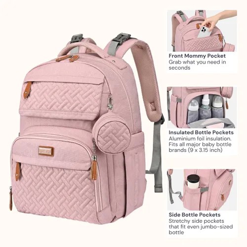 Miniatura 5 de BabbleRoo Mochila para pañales – Bolsa de pañales grande de viaje para bebé con cambiador, bolsas de bebé impermeables para mamá y papá, bolsas Rosa