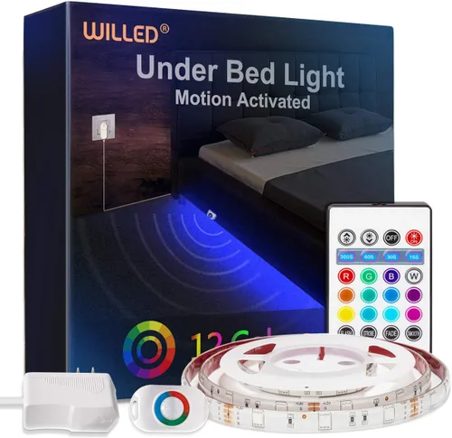 Tiras de luces LED RGB de WILLLED, luz debajo de la cama con sensor de movimiento activado, control remoto RF con temporizador, iluminación de tira