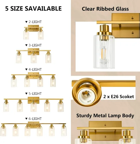 Miniatura 5 de Jonsi Accesorios de iluminación de baño dorados, 2 luces de tocador de oro cepillado con pantalla de vidrio estriada, luces modernas sobre espejo
