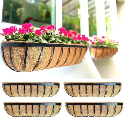 Miniatura 18 de LaLaGreen - Cajas de plantador para barandillas de terraza (61 cm, paquete de 6) Macetas de pared de metal para plantas al aire libre, color negro