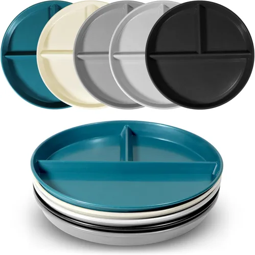 Miniatura 7 de Platos divididos irrompibles para niños y adultos 9 pulgadas 5 piezas, plato redondo de control de porciones, platos de 3 compartimentos