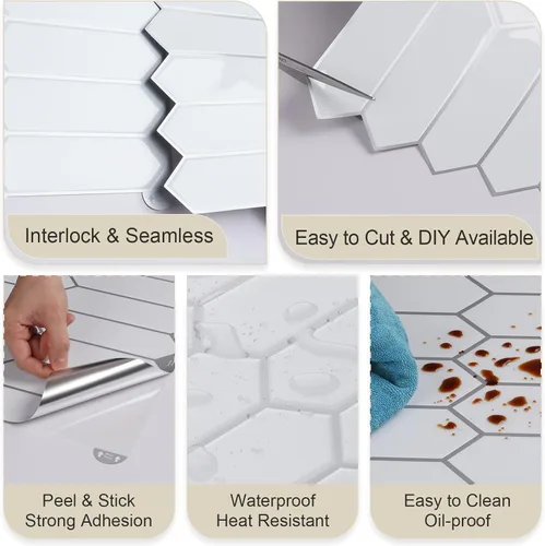 Miniatura 3 de VaryStyle Azulejo hexagonal de 12 x 12 pulgadas de largo, color blanco, para cocina, baño y más, 6 azulejos