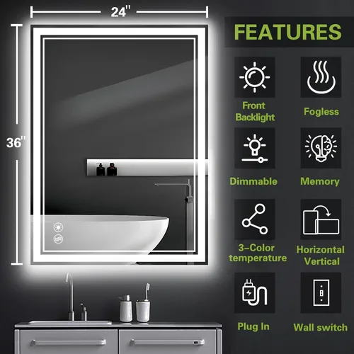 Miniatura 2 de Paquete de 2 espejos LED de 24 x 36 pulgadas para baño, espejo de baño antivaho regulable, función de memoria de 3 colores, espejo de baño