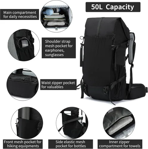Miniatura 4 de Mochila de senderismo, 40L a 50L, bolsa de senderismo de capacidad extra grande, mochila de campamento con marco interno, mochila deportiva ligera