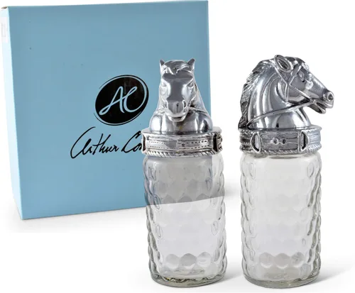 Arthur Court Patrón de caballo S/P con aluminio con tapa ecuestre pulida a mano de calidad artesanal para sal y pimienta de vidrio grande, 6