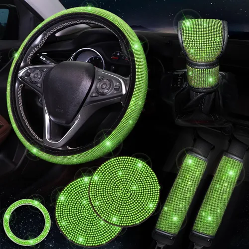 Miniatura 15 de ToBeQueen Juego de fundas para volante brillantes de 15 pulgadas, paquete de 7 piezas con accesorios de diamantes de imitación y cristales