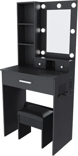 Mesa de tocador con espejo y luces LED ajustables, toma de corriente, soporte para secador de pelo y taburete, escritorio compacto para dormitorios