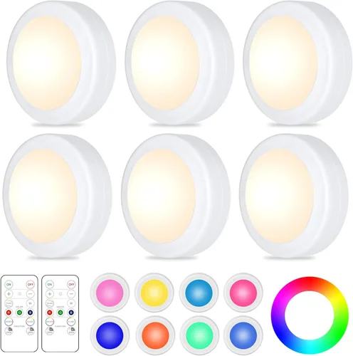 Yiliaw - Paquete de 6 luces LED de disco con control remoto, 16 colores cambiables, luces LED para debajo del gabinete, luces alimentadas por Blanco