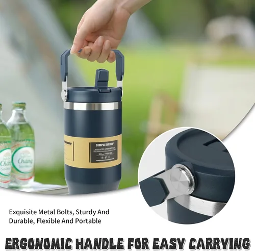 Miniatura 4 de Botella de agua aislada con pajilla abatible de 30 onzas con asa, vaso de acero inoxidable a prueba de fugas, taza de café de viaje al vacío
