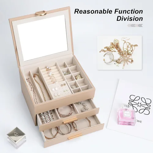 Miniatura 5 de Elegant Gift Jewelry Box with Mirror - 3-Layer Organizer for Earrings, Rings, Necklaces, Ready to Give for Birthday Anniversary Christmas Apricot