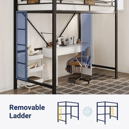 Miniatura 6 de Allewie Marco de cama de metal tamaño individual con escaleras y barandilla, muebles pequeños que ahorran espacio para dormitorio, habitación