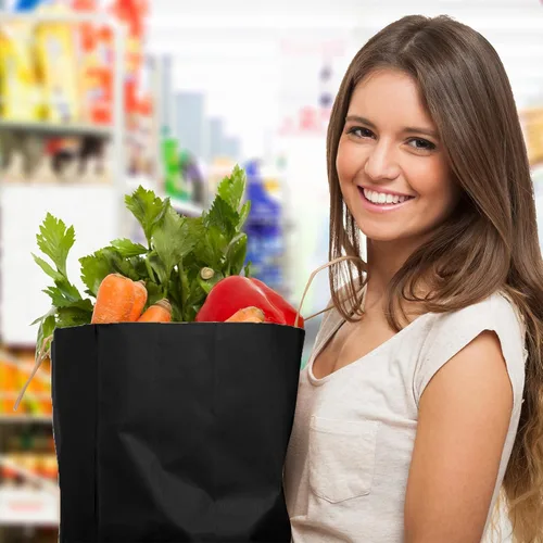 Miniatura 7 de OUTUXED 100 bolsas de papel negro de 10 x 5 x 13 pulgadas, bolsas de regalo de papel kraft grandes con asas a granel para negocios, compras
