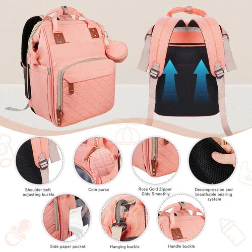 Miniatura 2 de GurZinn Mochila para pañales con cambiador portátil, mochila multifunción 3 en 1, mochila de viaje para mamá, cochecito rosa