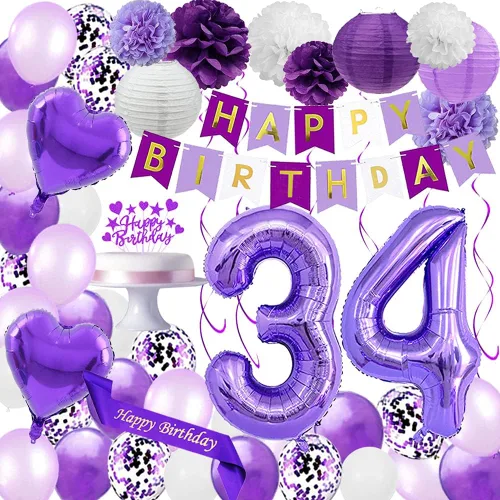 Juego de decoraciones de cumpleaños número 34 de color morado, banderines y decoración para tartas, globos de látex con confeti número 34, faroles
