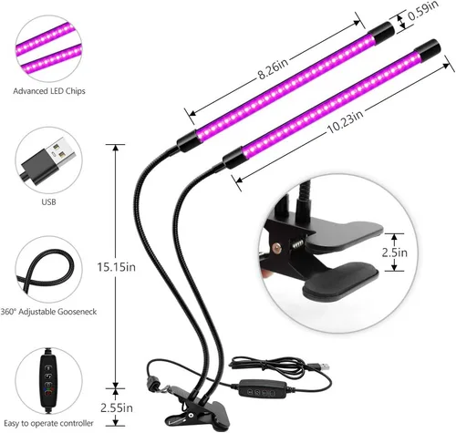 Miniatura 2 de Luz Negra LED de Doble Cabezal, Luminaria de Luz UV de 20W con Abrazadera, Lámpara de Cuello de Ganso UV de 395-405nm Alimentada por USB para Fiesta