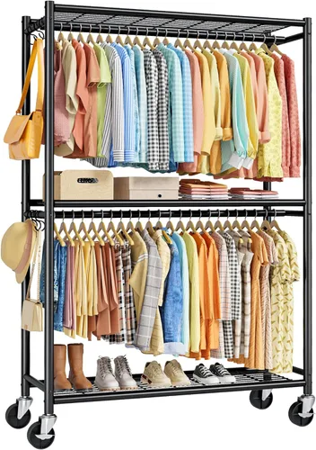 Sakugi Perchero para ropa – Perchero doble para colgar ropa con ruedas y pies niveladores, armario de gran capacidad con estantes para dormitorio,