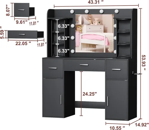 Miniatura 7 de EasyCom - Mesa de tocador con organizadores de joyería giratorios, tocador de maquillaje con espejo y luces, mesa de vestir con estación de carga