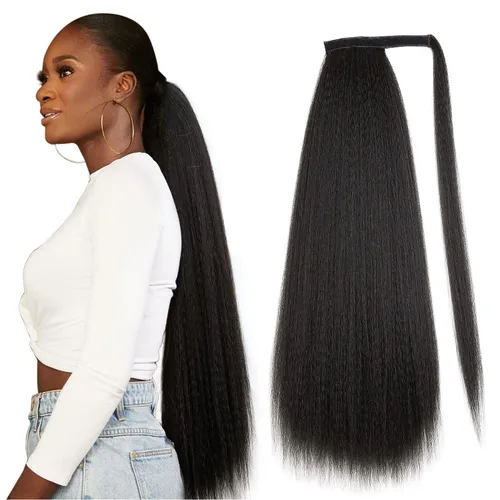 Miniatura 11 de WIGNEE Extensión de cola de caballo larga rizada recta y envolvente, extensión de cola de caballo Yaki negro natural para mujeres negras, Marrón