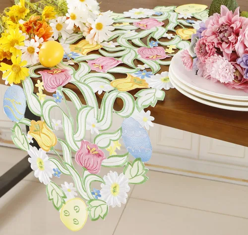 Miniatura 9 de Camino de mesa de Pascua, primavera, conejos, huevos, camino de mesa floral, bordado floral y conejos, huevos, bufanda, decoración de mesa