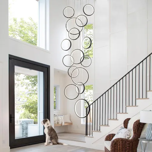 Miniatura 13 de Candelabro moderno para entrada para techos altos, lámpara moderna regulable dorada para escalera, de lujo, techo alto, lámpara colgante LED