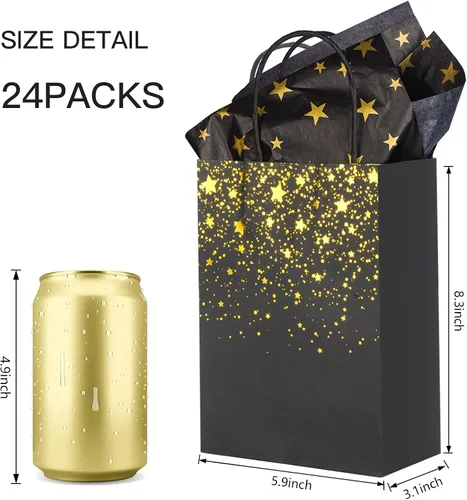 Miniatura 2 de Sharlity Bolsas de regalo pequeñas de color negro y dorado, 24 bolsas de papel de fiesta con papel de seda de estrella para Halloween, Año Nuevo