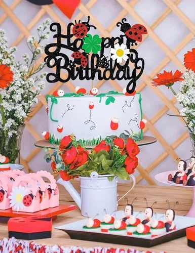 Miniatura 8 de Decoración para tartas de mariquitas, decoración de feliz cumpleaños para niños y niñas, mariquita con purpurina, trébol de margaritas, suministros