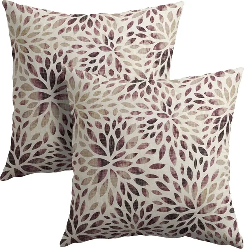 Miniatura 19 de Juego de 2 fundas de almohada de dalia rojo burdeos de 16 x 16 pulgadas, fundas de almohada geométricas rústicas de flores de algodón y lino