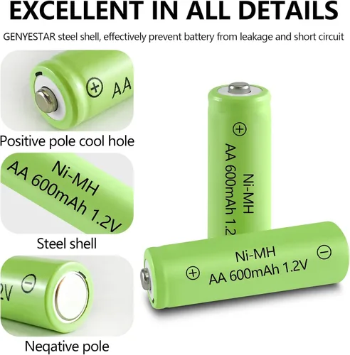 Miniatura 8 de Baterías recargables AA NIMH 600mAh 1.2V doble A para luces solares de jardín, césped, paisajismo, lámparas, farol, mandos a distancia, 16