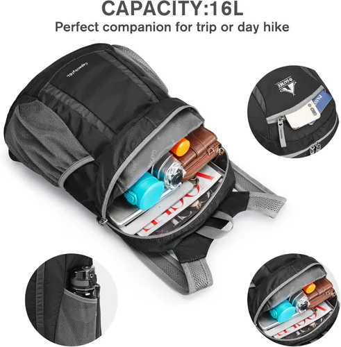 Miniatura 9 de G4Free Mochila de senderismo de 16 litros, mochila pequeña ligera y plegable para viajes, camping, al aire libre, hombres y mujeres