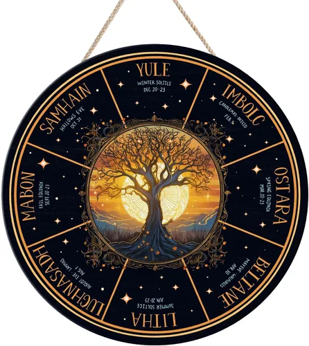 Miniatura 23 de Artsy Woodsy Letrero de madera de la rueda del año (no tallado) para decoración del hogar, bruja, pagana, Wicca, días festivos celtas, regalos 25