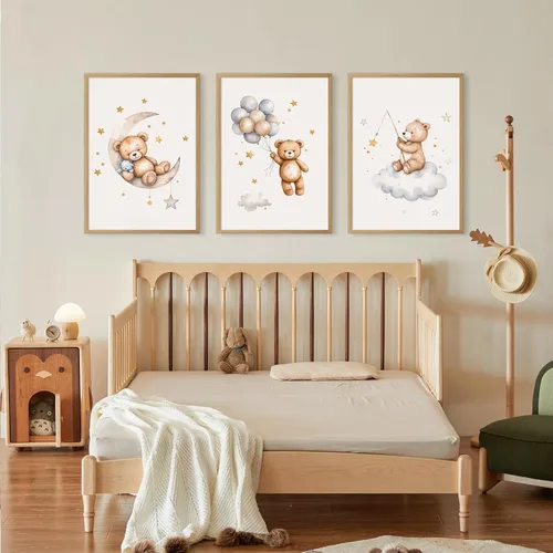 Miniatura 5 de Baccone Arte de pared para habitación de guardería con oso de peluche, póster para habitación de bebé niño o niña, decoración de pared de guardería