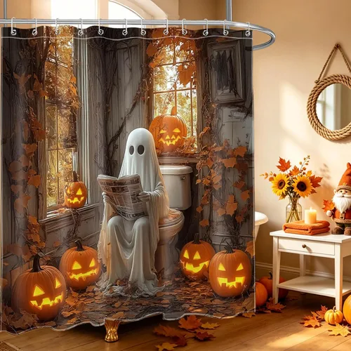 Miniatura 38 de HVEST Cortina de ducha de Halloween, linterna de calabaza y gnomo, cortina de ducha de baño, cortina de ducha de murciélago y araña, decorativa