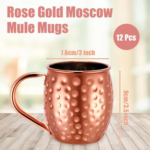 Miniatura 3 de Didaey Juego de 12 tazas Moscow Mule de 12 onzas, oro rosa 304, tazas de acero inoxidable Moscow Mule, tazas de cobre martillado a granel