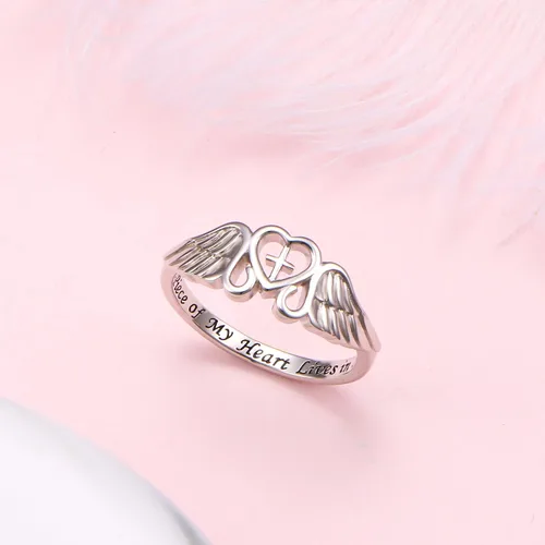 Miniatura 4 de FLYOW Anillo de plata de ley S925 A Piece of My Heart Lives in Heaven con alas de ángel para mujer, joyería de recuerdo de mamá, papá, abuela
