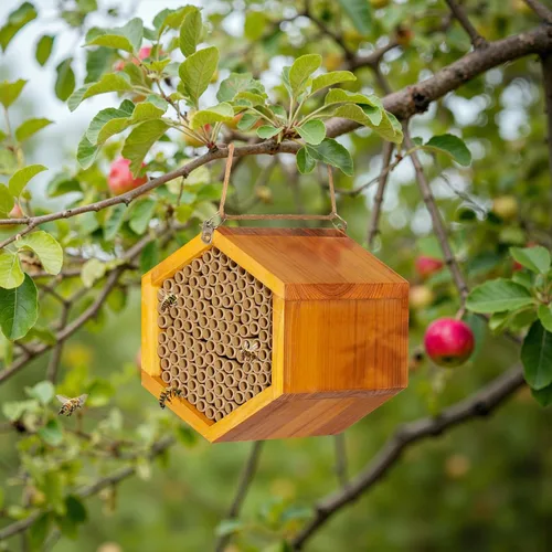 Miniatura 4 de Mason Bee House - Colmena de abejas de madera natural hecha a mano recubierta con cera para una larga vida útil y resistente al agua - Atrae