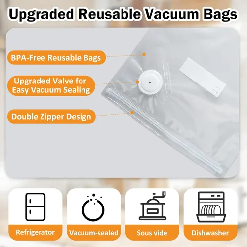 Miniatura 6 de Bolsas selladoras al vacío reutilizables para alimentos, 60 unidades de 8 x 10 pulgadas y 10 x 11 pulgadas, bolsas selladoras al vacío para cocinar
