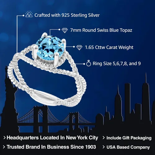 Miniatura 52 de Gem Stone King 7MM Round Gemstone Birthstone Solitaire Ring for Women Twisted Rope Band in 925 Sterling Silver Available in Sizes 5, 6, 7, 8, 9