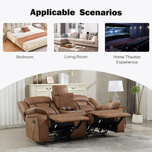 Miniatura 5 de EBELLO Sillón reclinable manual de imitación de cuero, sofá reclinable de 2 plazas con consola central, almacenamiento oculto y portavasos, sillón