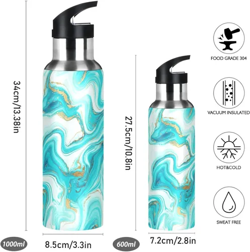 Miniatura 2 de Stainless Steel Vacuum Insulated Water Bottle 32 Oz, Leakproof Water Bottles for Gym Outdoor Travel School, Marble Aqua Blue