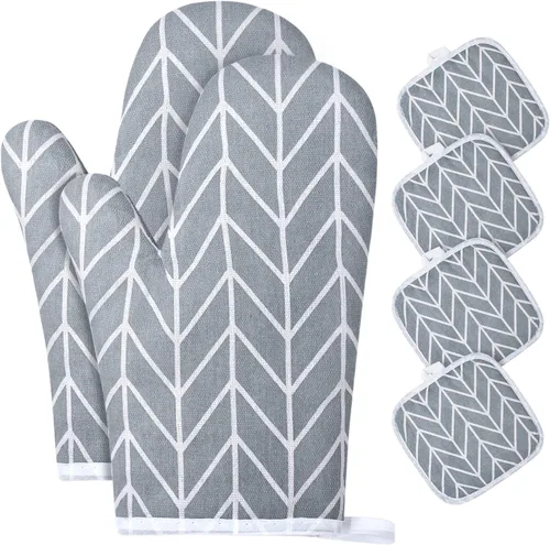 AUAUY Guantes de horno y soportes para ollas Juego de 6 piezas, guantes de cocina resistentes a 392°F y almohadillas térmicas, guantes para hornear,