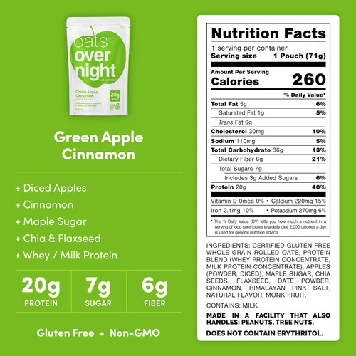 Miniatura 2 de Oats Overnight - Manzana verde canela - Batido alto en proteínas, bajo en azúcar para desayuno, sin gluten, alta fibra, avena sin OMG