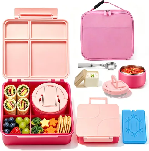 Miniatura 10 de Lonchera Bento con termo de sopa de 8 onzas, a prueba de fugas, 4 compartimentos, para niños, con taza de salsa y bolsa de hielo, tarro de comida