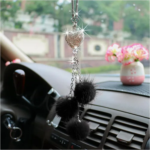 Ziciner Accesorios de Interior de Coche con Diamantes Brillantes en Forma de Corazón - Adorno Colgante de Corazón y Bola de Felpa Rosa, Encanto de