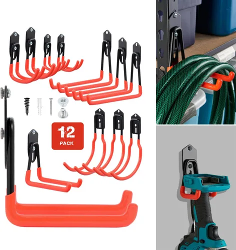 Wallmaster Kit organizador de ganchos de garaje, paquete de 12 ganchos ajustables y resistentes, para montaje en pared, organización de garaje de