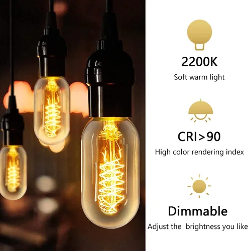Miniatura 5 de Bombillas Edison incandescentes T45 retro de 40 W, 6 paquetes, 110-130 V, base E26 regulable, bombilla Edison 6 paquetes, 2200 K ámbar amarillo