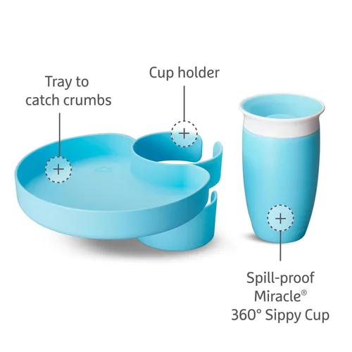 Miniatura 4 de Munchkin Bandeja para asiento de automóvil con taza Miracle 360 para niños pequeños de 1 a 3 años, accesorio de viaje y viaje por carretera para Azul