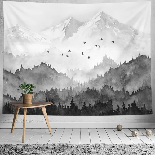 kampdream Tapiz de bosque de montaña, tapiz de pared con diseño de árbol blanco y negro brumoso, paisaje de acuarela, tapiz de paisaje natural para