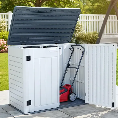 Miniatura 18 de YITAHOME - Cobertizo de almacenamiento horizontal al aire libre con puerta bloqueable en forma de X, cobertizo de herramientas de resina resistente