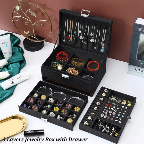 Miniatura 3 de Joyeros para mujer, organizador de joyas de terciopelo negro con cerradura, organizadores de joyas para adolescentes, organizador de joyas