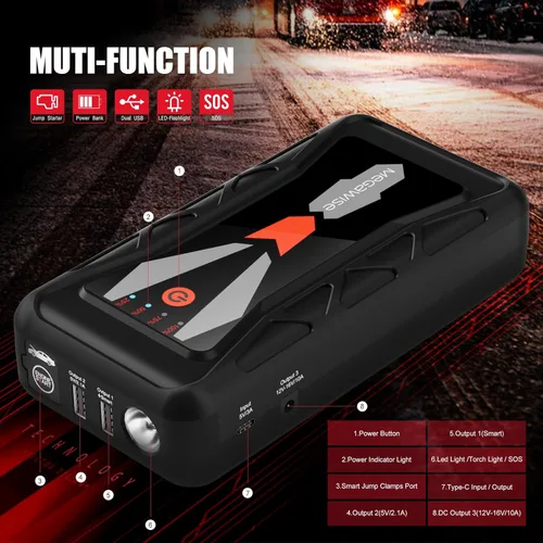 Miniatura 3 de MEGAWISE Arrancador de batería de coche de 1500A pico 16800mAh (hasta motores de gasolina de 7L o diésel de 5L), energía portátil de 12V con salidas